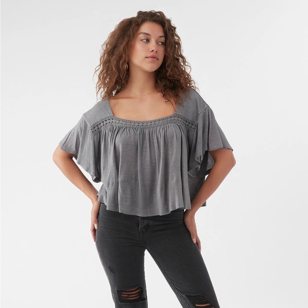 O'Neill Gray Crop Blouse with Flutter Sleeves and Smocked Detail